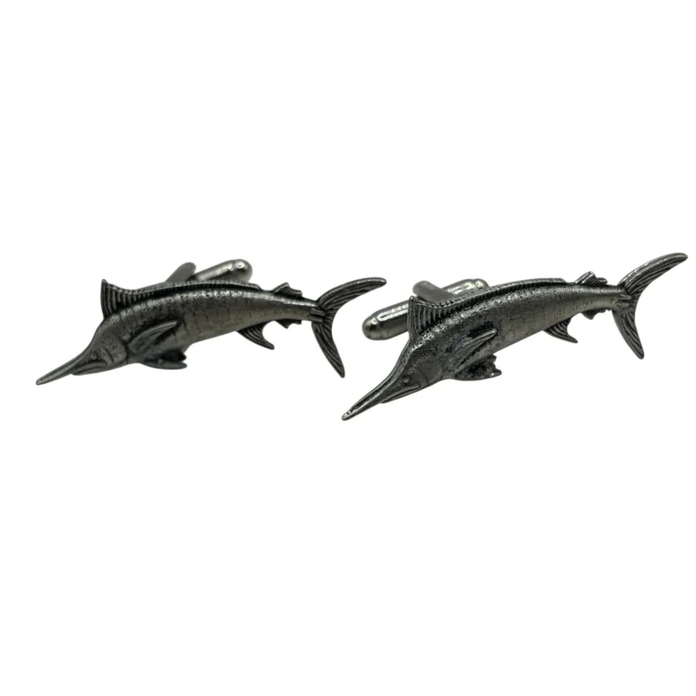 Swordfish Cufflinks Mid‎ Century Silver Tone Marlin Fish Ocean VTG Fishing READ